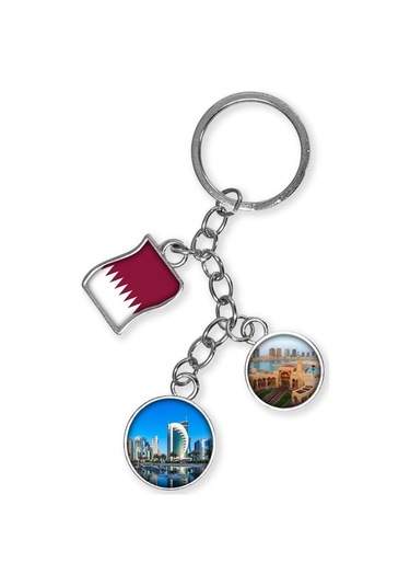 Katar Üçlü Epoksi Metal Çift Taraflı Damla Anahtarlık Qatar Gümüş