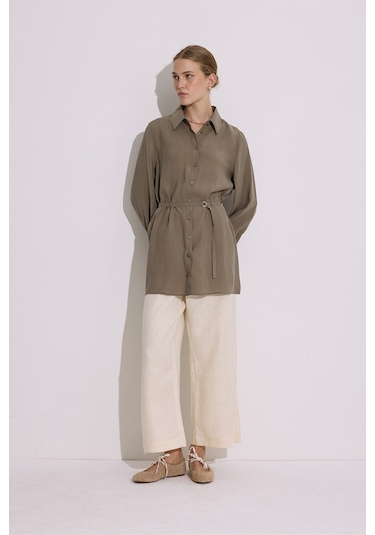 Modal Kemerli Gömlek Haki Haki