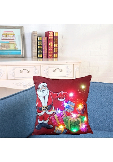 Yunboo Led Işıklı Noel Desenli Keten Yastık Kılıfı 45x45cm - Otomobil, Divan, Pencere Dekorasyonu - Fermuar Kapaklı Diğer