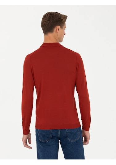 Cacharel Kiremit Slim Fit Çeyrek Balıkçı Yaka Triko Kazak Kırmızı