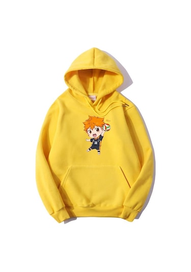 Kadın Moda Voleybol Manga Haikyuu Kapşonlu Harajuku Kawaii Kazak Sweatshirt Karikatür Baskı Anime Estetik Kapşonlu Sokak Giyimi Üst Sarı