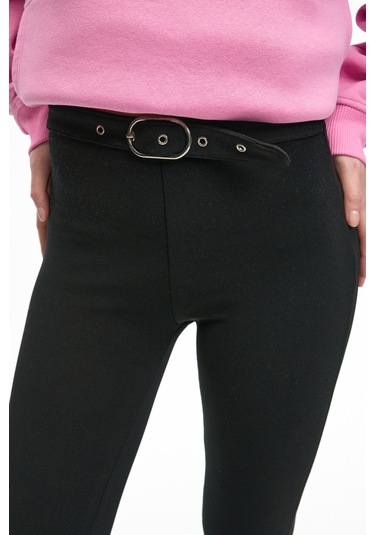 Grımelange Cırelyn Kadın Beli Ayarlanabilir Kemer Tokalı Esnek Uzun Siyah Pantolon siyah