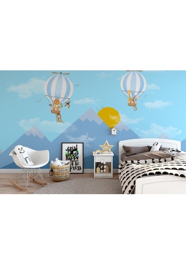 Dağ Güneş Ve Balon Çocuk Odası Posteri Mavi