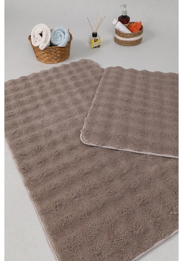 Modern Bubble Yıkanabilir Kaymaz Peluş Banyo Paspası Halısı 2'li Klozet Takımı 50x80-50x40cm Vizon