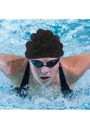 Suntek Yüzme Şapkası Çiçek Yaprakları Trendy Plaj Siyah