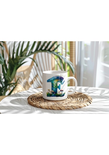 F Baş Harfi Fantastik Mantarlı Kupa Bardak - Kişiye Özel Masalsı Bardak - Hediye Beyaz