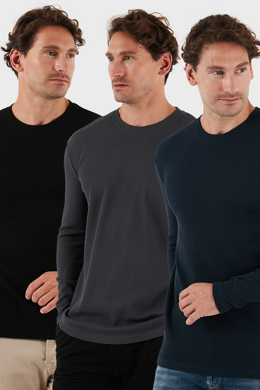 Buratti Pamuklu Bisklet Yaka Slim Fit Basic 3'Lü Paket Erkek Sweat 5905073S3 Siyah-Antrasit-Lacivert