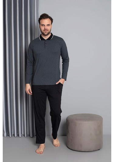 Erkek Düğmeli Desenli Uzun Kollu Pijama Takımı 16585 Gri Gri