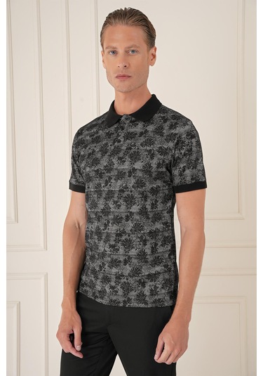 Slim Fit Dal Yaprak Desen Polo Yaka Pamuklu Siyah Tişört Ts 884 Siyah