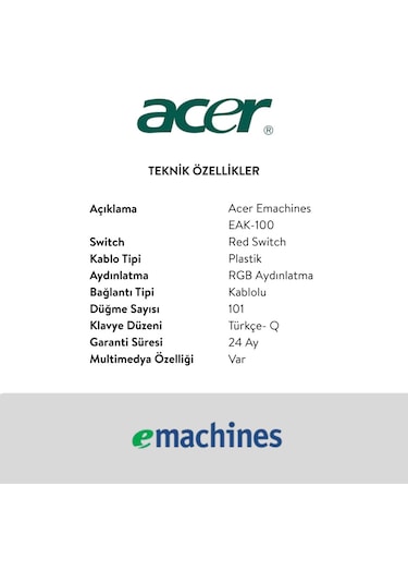 Acer Emachines Eak100 Beyaz/yeşil Usb Rgb Backlight Red Swıtch Mekanik Q 101 Tuşlu Compact Gaming Klavye