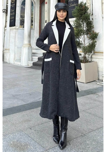 Siyah Çift Taraflı Kruvaze Yaka, Kuşaklı, Yumoş Dokulu, Duble Kaşe Uzun Ceket Siyah