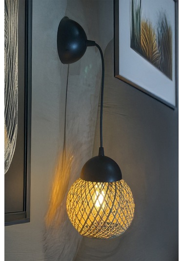 Siyah Rattan Duvar Apliği Modern Rustik Dekoratif Aydınlatma Şık Avize Modeli Siyah