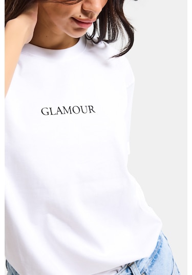 Itsbasic Kadın Beyaz S6-127 Oversize Glamour Baskılı %100 Koton T-shirt