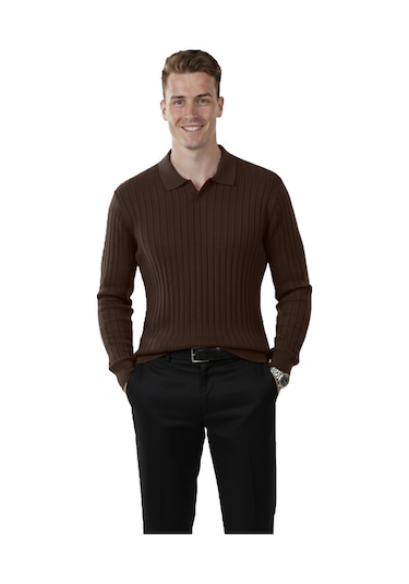 Deepsea Erkek Kahve Polo Yaka Fitilli Triko Kazak %100 Pamuk, Esnek Dokulu, Modern Kalıp 2605305 Kahve
