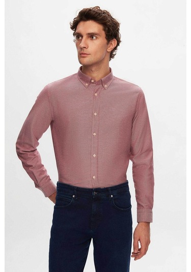 D'S Damat Ds Damat Slim Fit Bordo Armürlü Düğmeli Yaka Pamuklu Gömlek 5HC02ORT07265 Bordo
