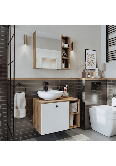 Lotus Lavabolu Mdf 65 Cm Banyo Dolabı + Aynalı Dolap Atlantik Çam - Beyaz