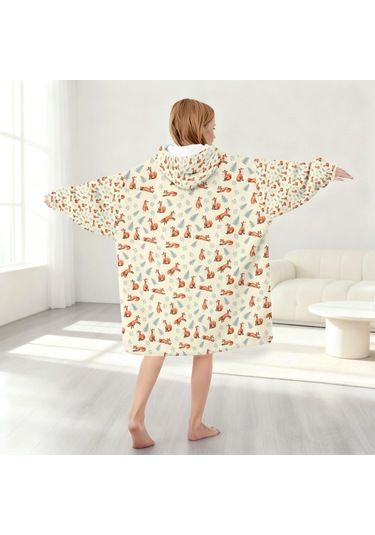Fox Desenli Çocuk Giyilebilir Battaniye Hoodie, 6-13 Yaş İçin Kalın Flanel Kapüşonlu-a5 Fox Fern Leaf
