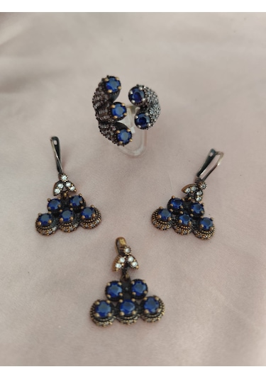 Otantik Safir Taşlı Bayan Gümüş Set Bronz