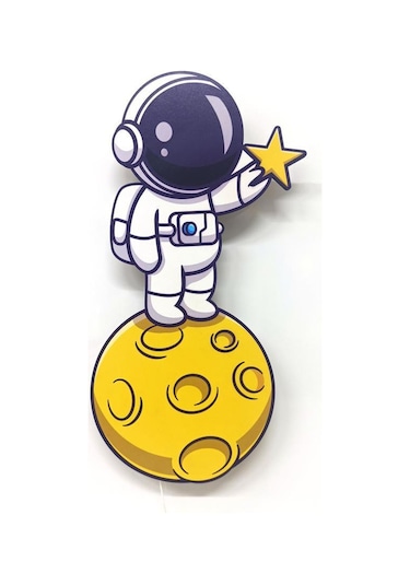 CajuArt Ay Astronot Ahşap Işıklı Çocuk Odası Duvar Tablosu Dekor