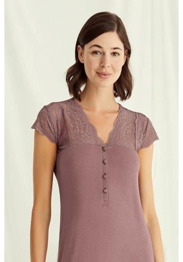 Monamise 18511 Kadın V Yaka Dantelli Düğmeli Kısa Kollu Gecelik-kahve Kahve