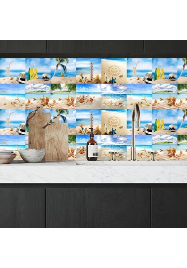Plaj Manzarası Kabuk Fayans Etiket Mutfak Dolap Lavabo Duvar Çıkartmaları Ev Dekor Kendinde Su Geçirmez Duvar Sticker Dğ. 56761769 Diğer