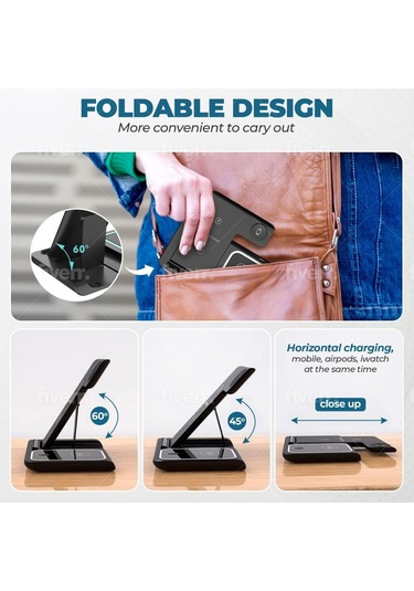 Reedark 3'lü Çok Fonksiyonlu Çift Yönlü Kablosuz Şarj Aleti - Telefon, Saat Ve Kulaklık İçin 15w Hızlı Şarj,  Uyumlu, Siyah, Taşınabilir