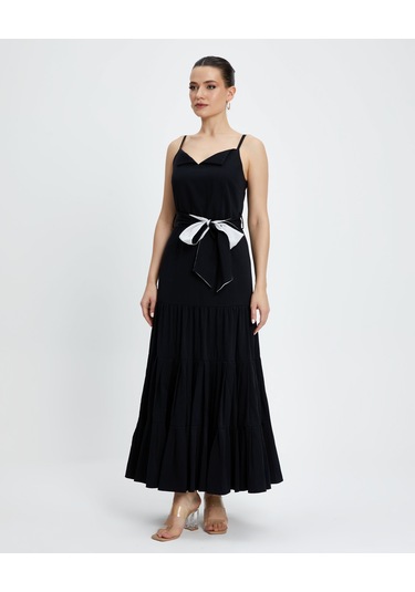 Kadın Askılı Uzun Elbise - Kemer Detaylı - Modern Ve Şık - Günlük Ve Özel Günler İçin Elbise Siyah