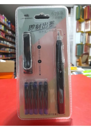 Dolma Kalem Seti Metalik Siyah Renk F 0,60mm Uç Kalem+5 Kartuş Sert Plastik Gövde