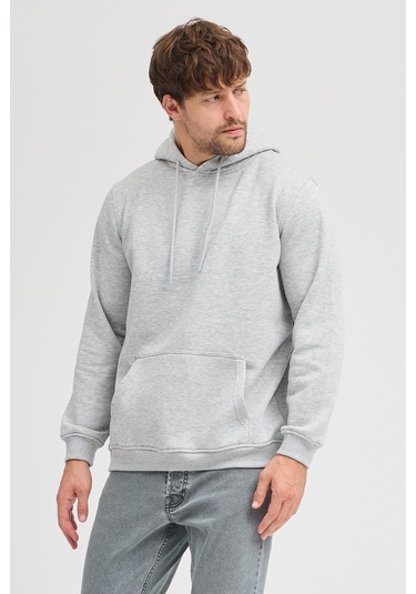 Erkek Gri Melanj Standart Fit Normal Kesim Içi Polarlı 3 Iplik Kapüşonlu Pamuklu Sweatshirt Gri Melanj