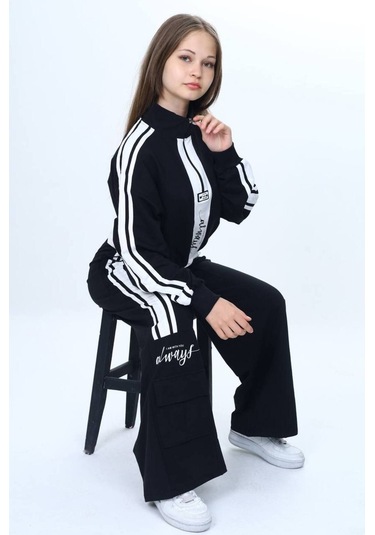 Kız Çocuk 2 İplik Yarım Fermuarlı Garnili Eşofman Takımı %100 Pamuk Rahat Kalıp-325 Siyah