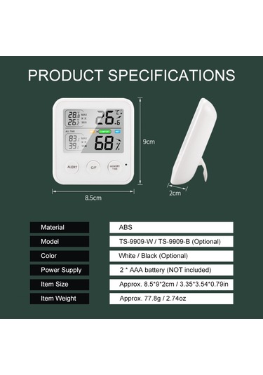 Springsun Yüksek Hassas Manyetik Termo-higrometre, Lcd Ekran, / Geçiş, 24s Max/min Kayıt, Konfor Hatırlatmalı, Beyaz