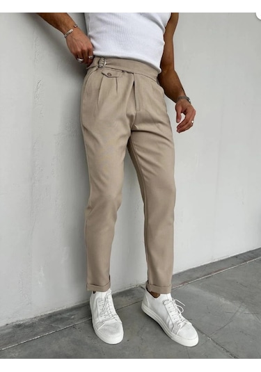 Erkek Bel Toka Detaylı Pileli Old Money Pantolon Bej