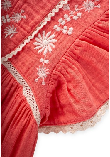 Cigit Organik Nakışlı Müslin Kız Elbise 2-10 Yaş Mercan Mercan