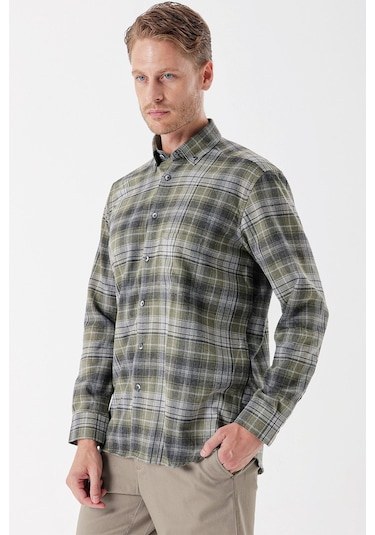 Koyu Haki Uzun Kollu Ekoseli Gabardin Sert Yaka Cepli Garnili Casual Comfort Fit Gömlek 1004235112-koyu Haki Koyu Haki