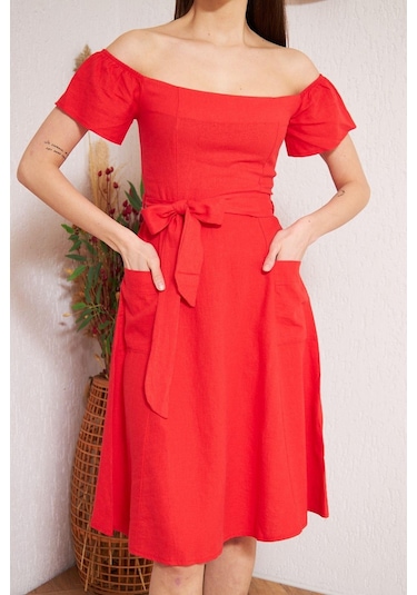 Darlin Moda Kırmızı Omzu Açık Elbise Dm1008 Kırmızı