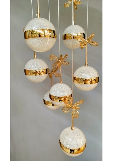 Şık Tarz Modern Led Avize Gold Ledli Salon Avizesi Kelebek Taşlı 7lı Sarı