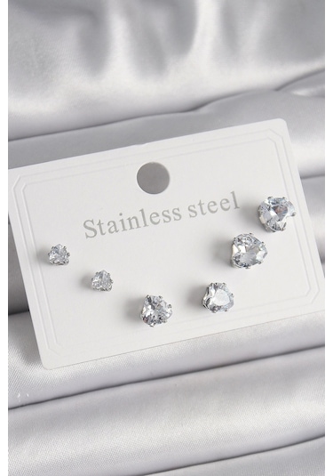 316l Çelik Gümüş Renk Zirkon Taşlı Kalp Model Kadın Küpe Seti Çok Renkli