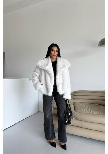 Neşeli Butik Kadın İçi Astarlı İthal Kürk Kaban Nbg111 Ekru