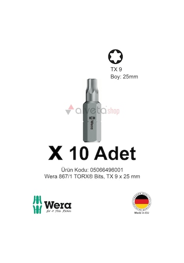 Alveta Wera 867/1 Torx Tx9 X 25mm Tornavida Ucu 10 Adet Torx Vidalama Bits Seti Profesyonel Seri