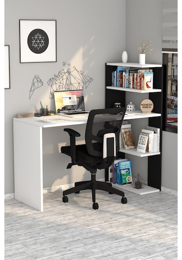 Moonlife Çınar Kitaplıklı Çalışma Masası Beyaz Siyah Beyaz