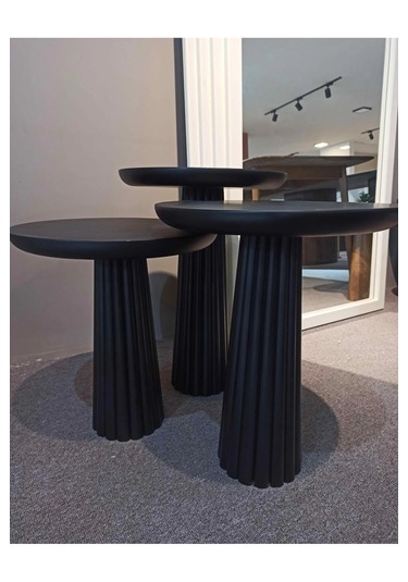 Wood Siyah 3 Lü Set Mantar Yan Sehpa Fiskos Çiçeklik Decorative