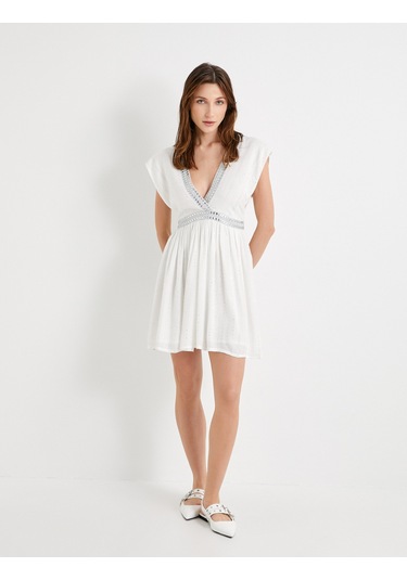 Koton Mini Viskon Elbise V Yaka Kısa Kollu Taş Detaylı Krema 4sak80074pw
