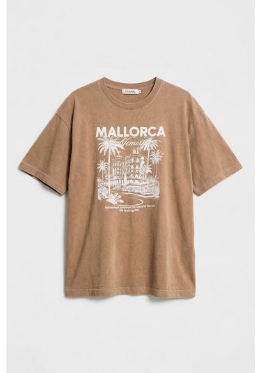 Itsbasic Kadın Kahve S6-16 Oversize Mallorca Baskılı %100 Koton T-shirt