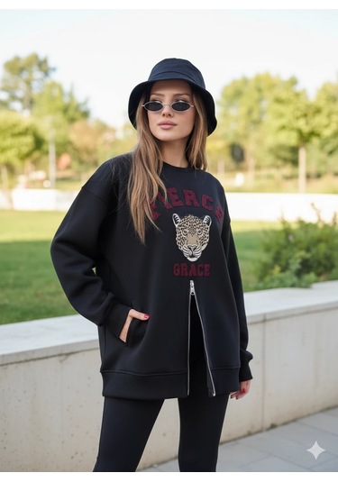 Fermuarlı Leopar Baskılı Oversize Siyah Sweat Siyah