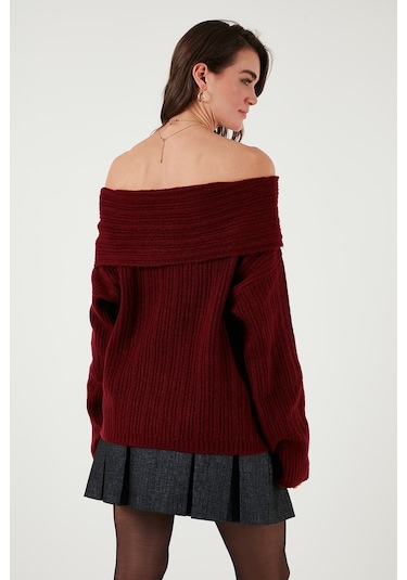 Lela Oversize Fit Madonna Yaka Triko Bayan Kazak 4615216 Bordo