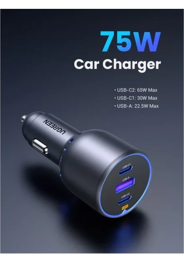 Ugreen 75w 3 Portlu Araç İçi Şarj Cihazı Çakmaklık Adaptörü, 35024