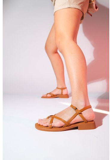 Luvishoes Antas Taba Hakiki Deri Kadın Parmak Arası Sandalet Taba