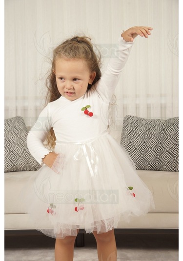 Tüllü Astarlı Esnek Kirazlı Elbise Uzun-beyaz Beyaz