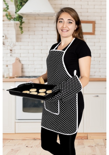 4 Lü Mutfak Çeyiz Seti Mutfak Önlüğü , Fırın Eldiveni Ve Tutacak Takımısiyah Puantiye