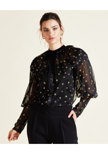 Yıldız Desenli Transparan Tül Gömlek Işıltılı Ve Romantik Tasarım Siyah